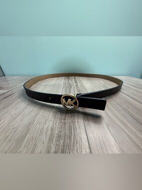 Michael Kors Black Belt with Gold MK Circle Buckle